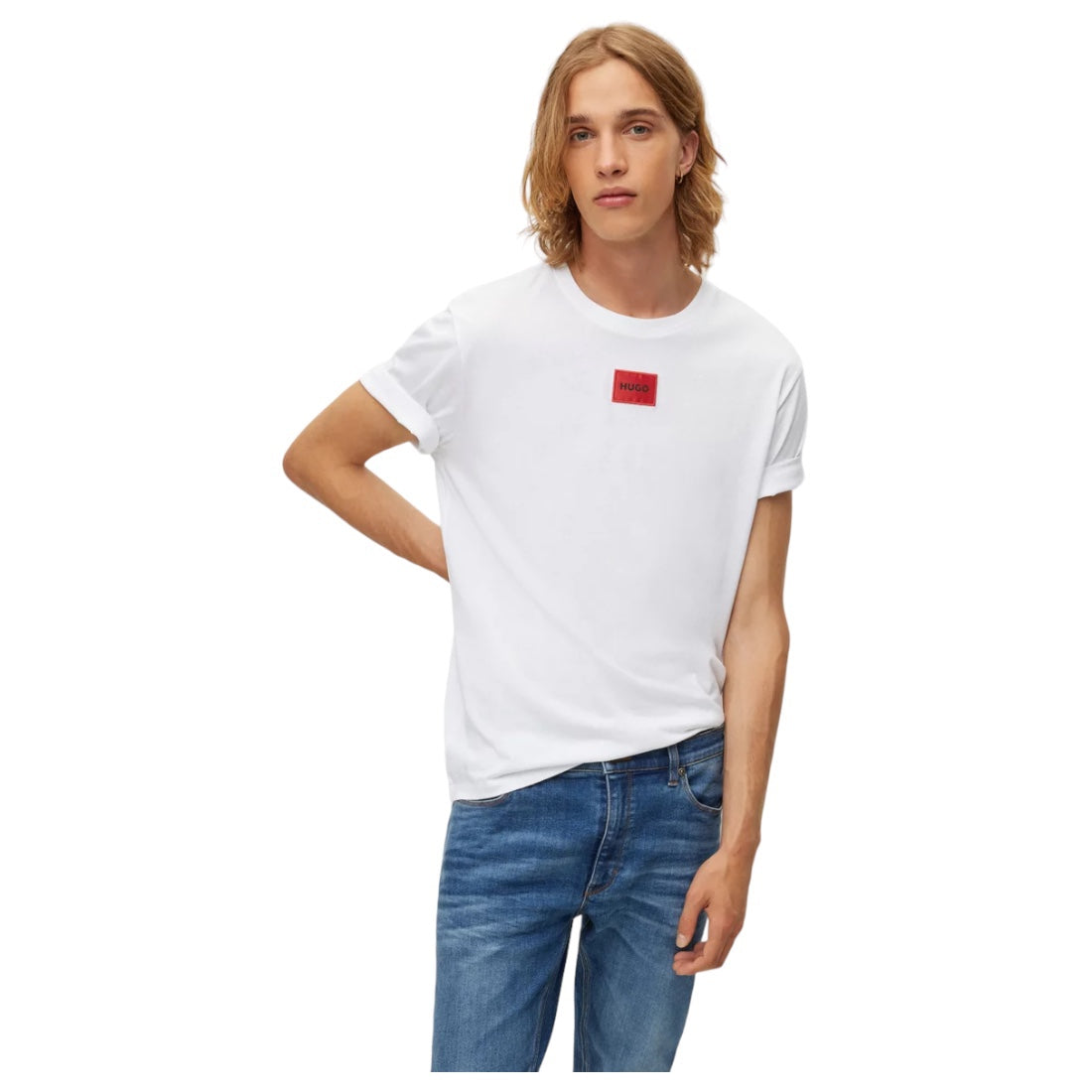 HUGO Regular Fit puuvillainen T-paita punaisella logolla